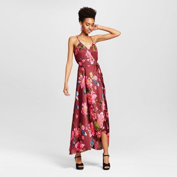 Xhilaration Women's Spaghetti Strap satin feel Wrap Dress Maroon Floral sz S - Picture 1 of 6